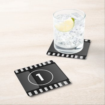 Movie Film Reel Custom Number Countdown Theater Square Paper Coaster by SimplyBoutiques at Zazzle