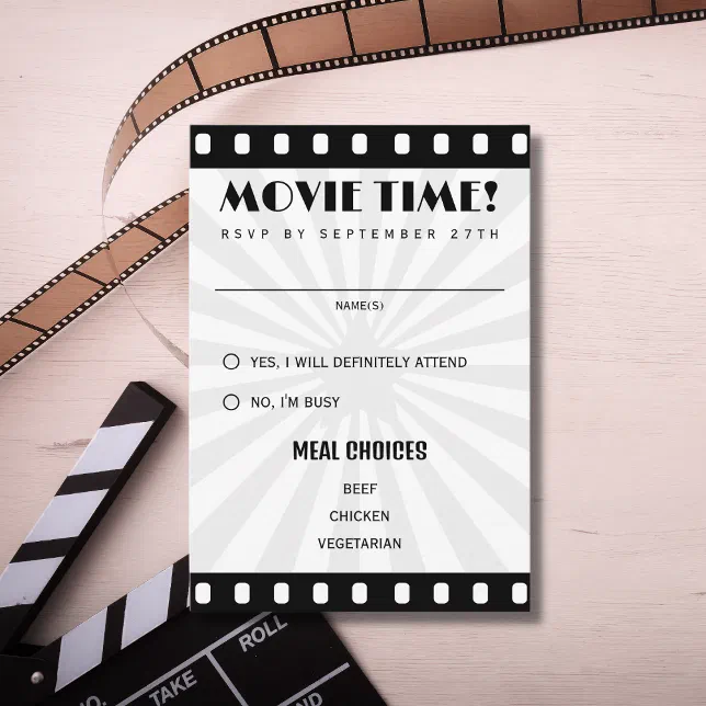 Movie Inv Card Movie Film Strip Black And White Wedding RSVP Card | Zazzle