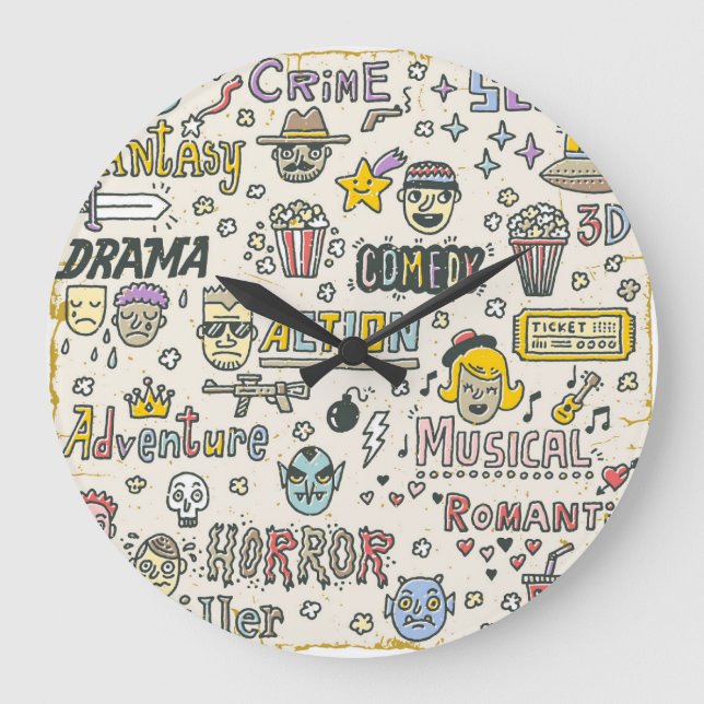 Movie Genres: TV Shows Doodle Set Large Clock (Front)