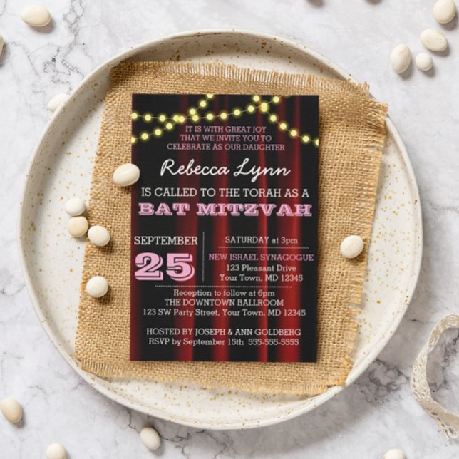 Movie Lights Pink Bat Mitzvah Invitation (Creator Uploaded)