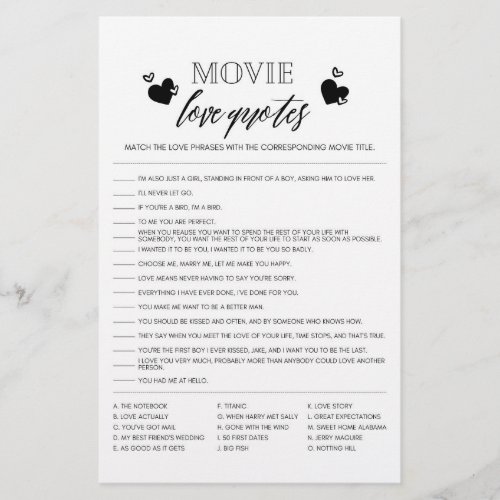 Movie Love Quotes shower game flyer