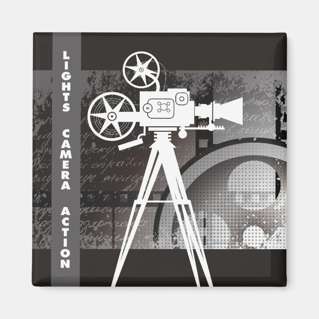 Movie Magnet, Lights, Camera, Action 2"x2" Square Magnet (Front)