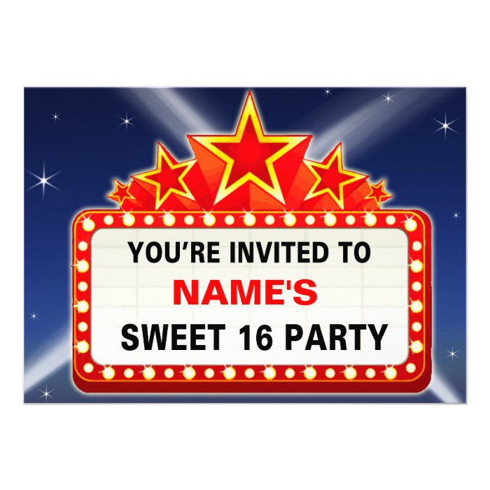 Movie Marquee & Lights Sweet 16   Customizable Invitation