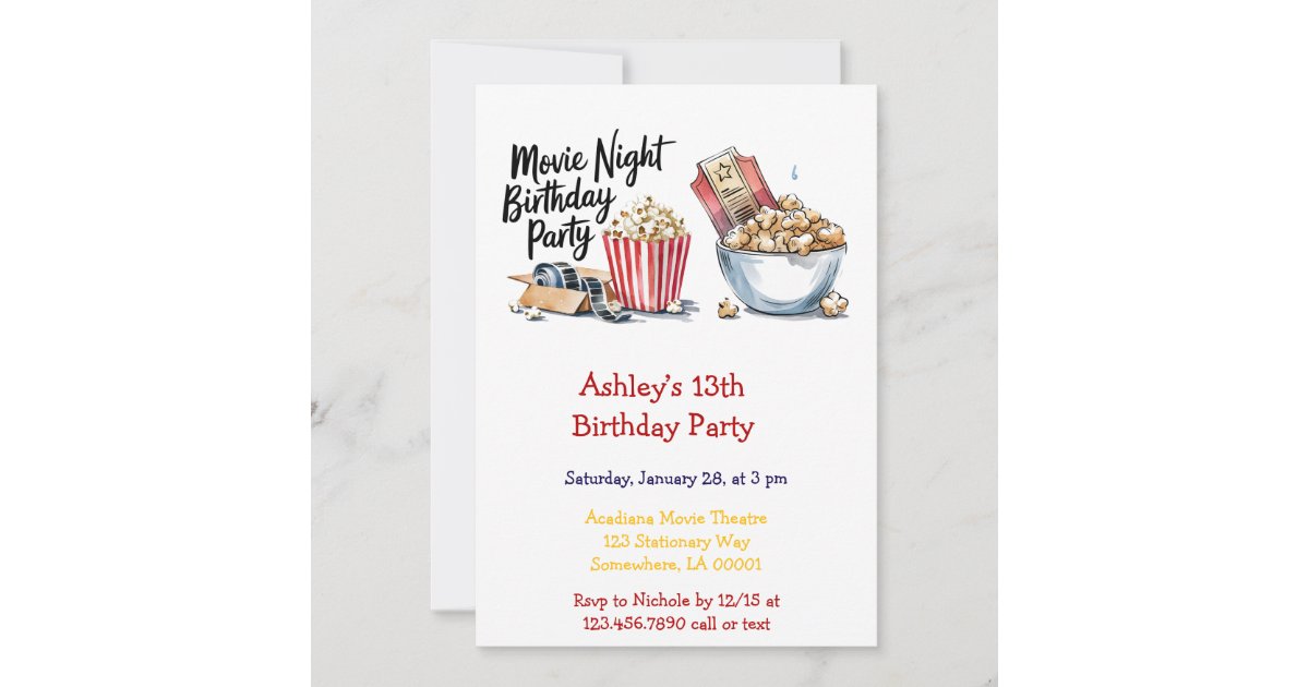 Movie Night and Popcorn Kid's Birthday Party Invitation | Zazzle