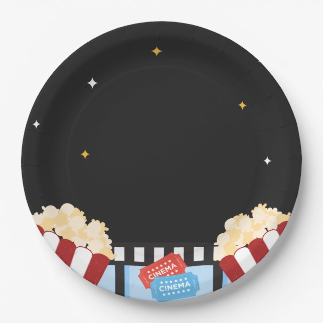 Movie Night Backyard Party Popcorn Theater themed Paper Plates (Front)