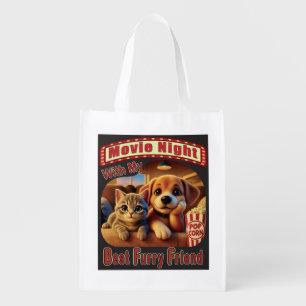 Movie Night - Best Furry Friend - Cute Cat & Dog Grocery Bag