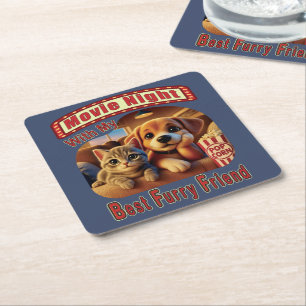 Movie Night - Best Furry Friend - Cute Cat & Dog Square Paper Coaster