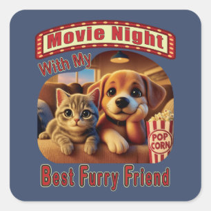 Movie Night - Best Furry Friend - Cute Cat & Dog Square Sticker