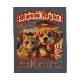 Movie Night - Best Furry Friend - Cute Cat & Dog Wood Wall Art