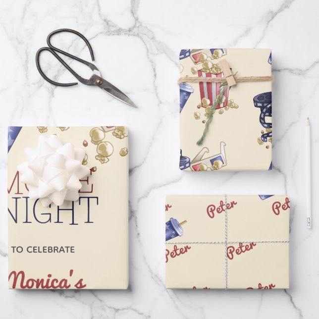 Movie night birthday for kids wrapping paper sheets (Front)