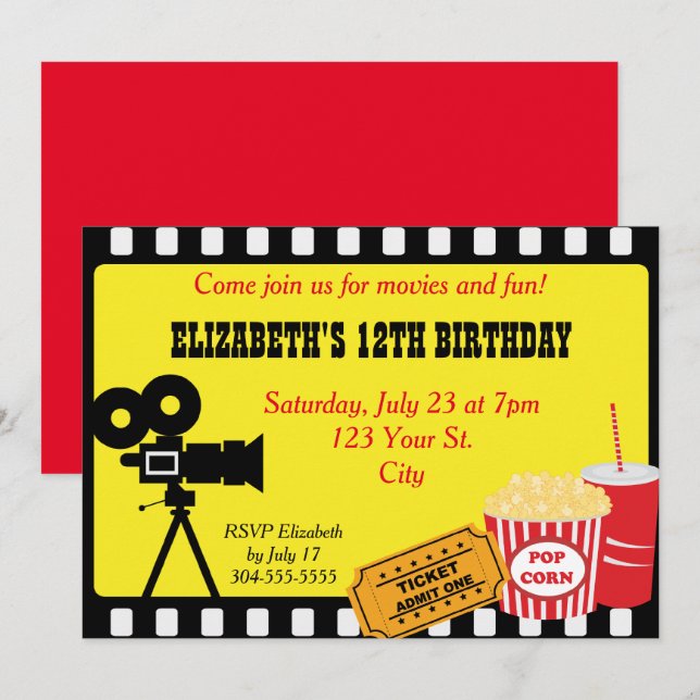 Movie Night Birthday Invitation (Front/Back)