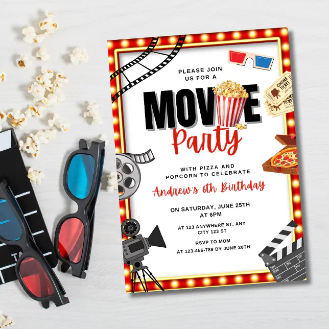 Movie Night Birthday Invitation, Movie Party Invitation | Zazzle