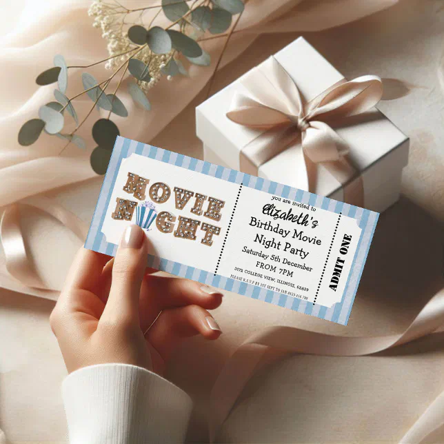 Movie Night Birthday Party Blue Ticket Style Invitation | Zazzle