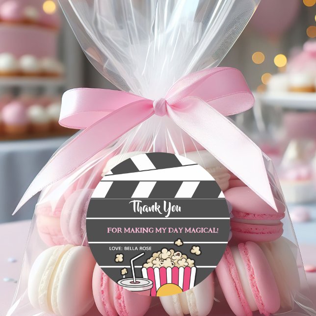 Movie Night Birthday Party For Girls Classic Round Sticker (Creator Uploaded)