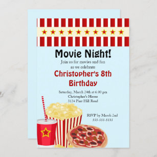 10 x Movie Night Pizza Personalised Birthday Party Invitations 