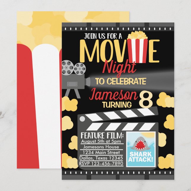 Movie Night Birthday Party Invitation Invite (Front/Back)