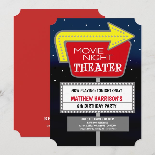 Movie Night Birthday Party Invitations (Front/Back)