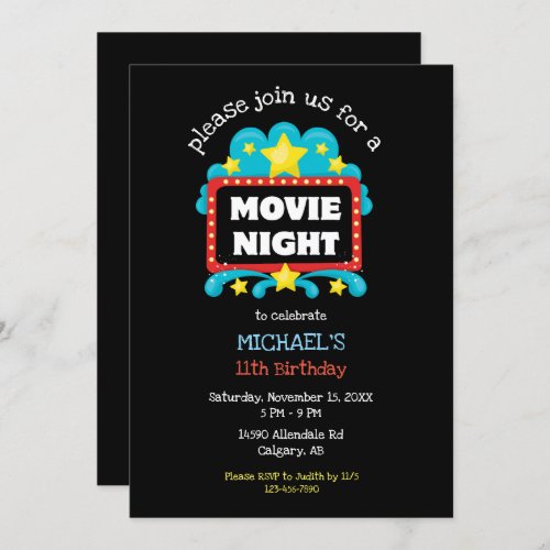 Movie Night Birthday Party Kids Cute Cinema Invitation