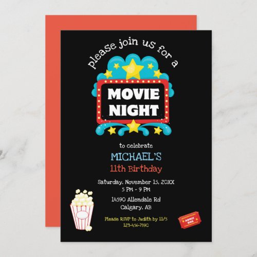 Movie Night Birthday Party Kids Popcorn Film Cute Invitation