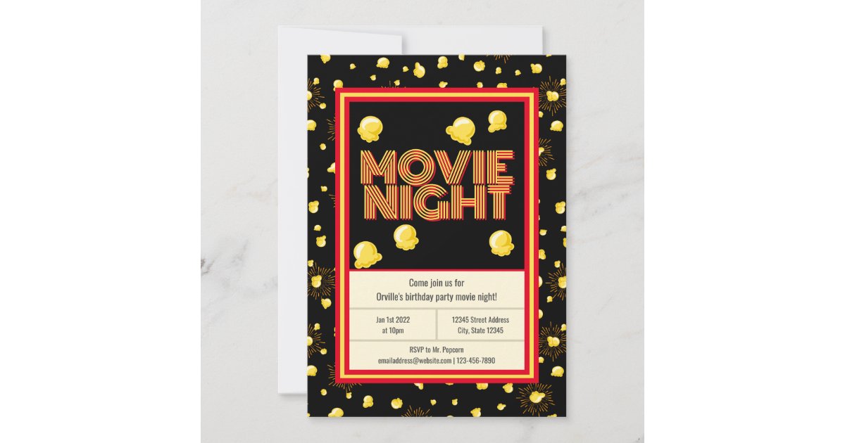 Movie Night Birthday Party - Marquee Popcorn Invitation | Zazzle