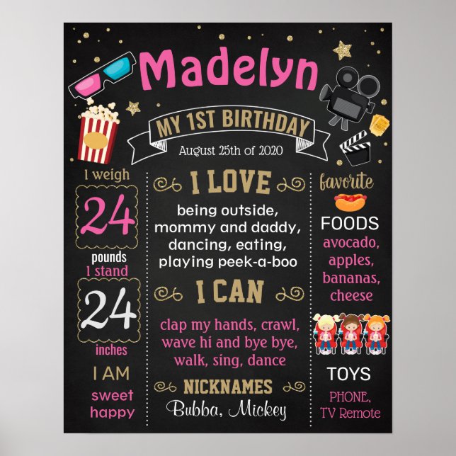 Movie Night Birthday Party milestone sign (Front)