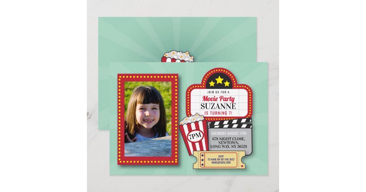 Movie Night Birthday Party Mint Film Cinema Photo Invitation | Zazzle
