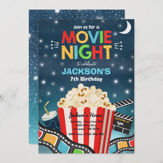 Movie Night Birthday Party Movie Sleepover Popcorn Invitation (Front/Back)