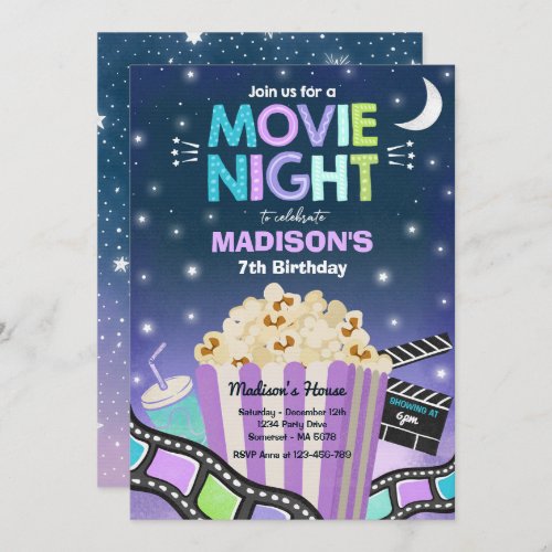 Movie Night Birthday Party Movie Sleepover Popcorn Invitation