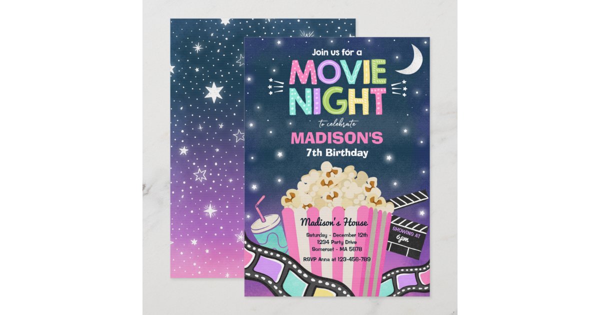 Movie Night Birthday Party Movie Sleepover Popcorn Invitation | Zazzle