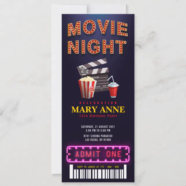 Movie Night Birthday Party Ticket Pass Birthday Invitation | Zazzle
