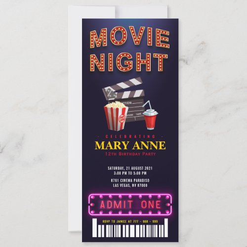 Movie Night Birthday Party Ticket Pass Birthday Invitation