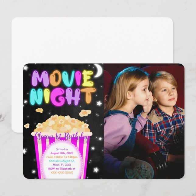Movie Night Birthday Photo Invitation (Front/Back)