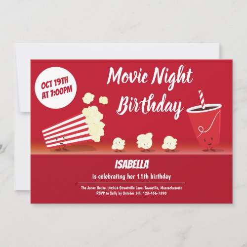 Movie Night Birthday Smiling Popcorn Cartoon Kids Invitation