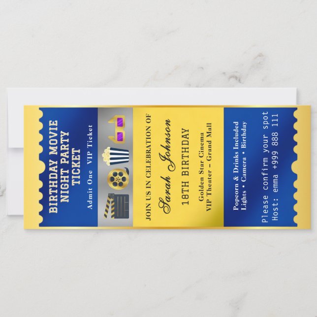 Movie Night Birthday Ticket Invitation (Front)