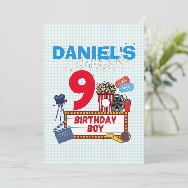 Movie Night Cinema Birthday Boy Theme Party Invitation (Standing Front)
