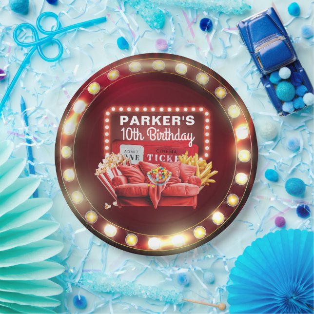 Movie Night Cinema Birthday Retro Sign Frame Paper Plates (Party)