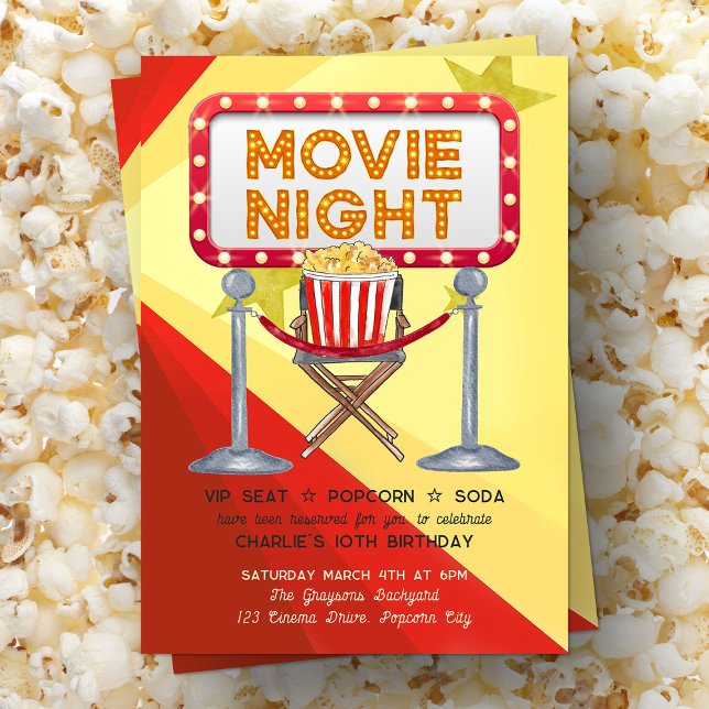 Movie Night Cinema Popcorn Party Birthday Invitation (Movie Night Birthday Invitation from my Kids Birthday Invitation collection
)