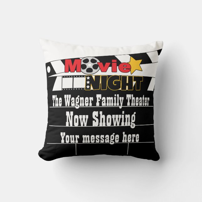 Movie night clapboard add name message theater throw pillow (Front)
