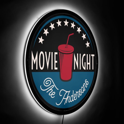 Movie Night Custom Home Theater Family Name LED Sign (Angle)