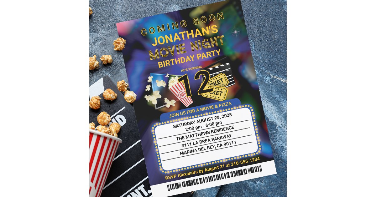 Movie Night Custom Name and Text Birthday Party Invitation | Zazzle