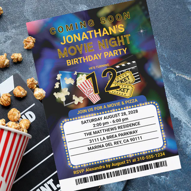 Movie Night Custom Name and Text Birthday Party Invitation | Zazzle