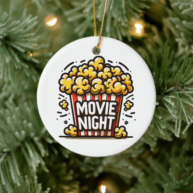 Movie Night Delight Playful Popcorn Ceramic Ornament (Tree)