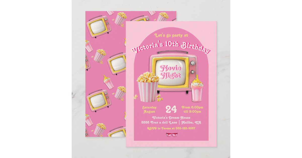Movie Night Doll Retro Pink TV Birthday Party Invitation | Zazzle