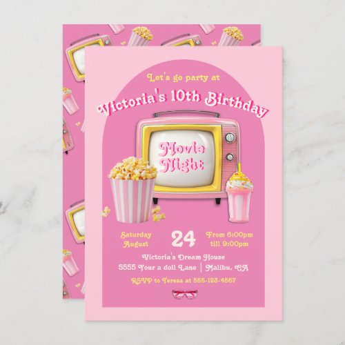 Movie Night Doll Retro Pink TV Birthday Party Invitation