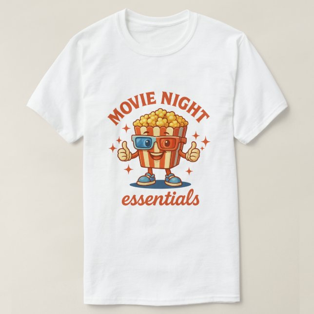 Movie Night Essentials – Fun Popcorn Cartoon T-Shirt (Design Front)