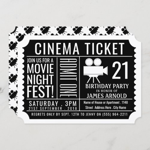 Movie Night Fest Cinema Ticket Birthday Party Invitation