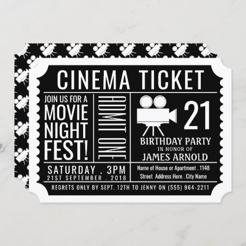 Movie Night Fest Cinema Ticket Birthday Party Invitation