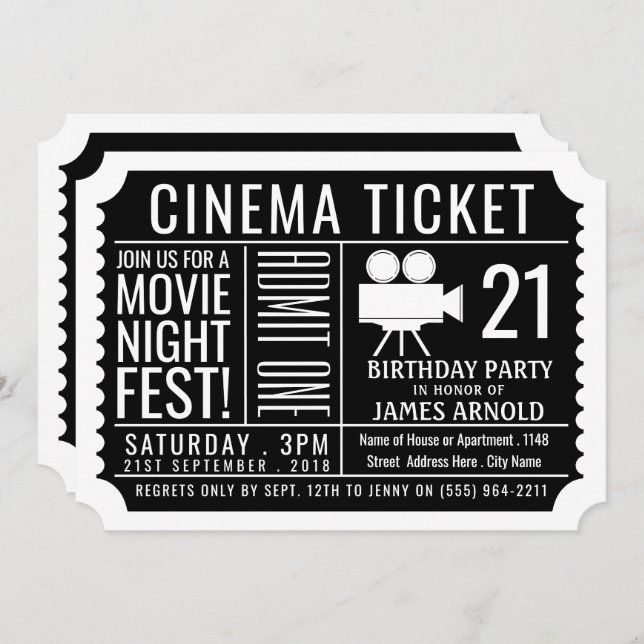 Movie Night Fest, Cinema Ticket, Birthday Party Invitation (Front/Back)
