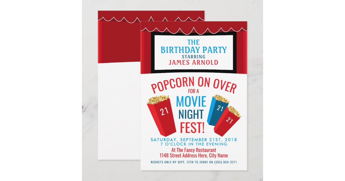 Movie Night Fest, Popcorn Cinema Birthday Party Invitation | Zazzle