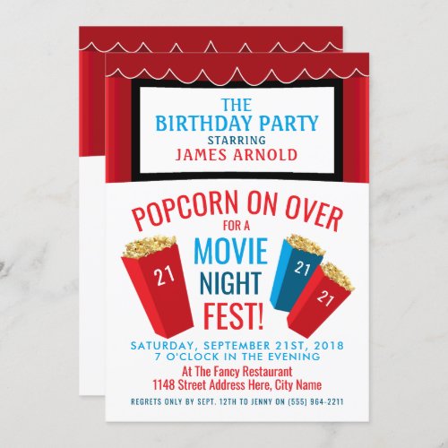 Movie Night Fest Popcorn Cinema Birthday Party Invitation